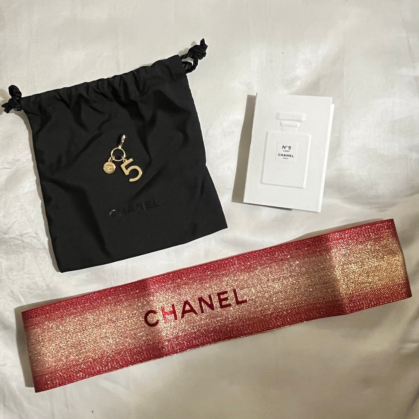 Chanel Beauty NO. 5 Gold Holiday Limited Charm, Ribbon, Jewelry Pouch, Card &box