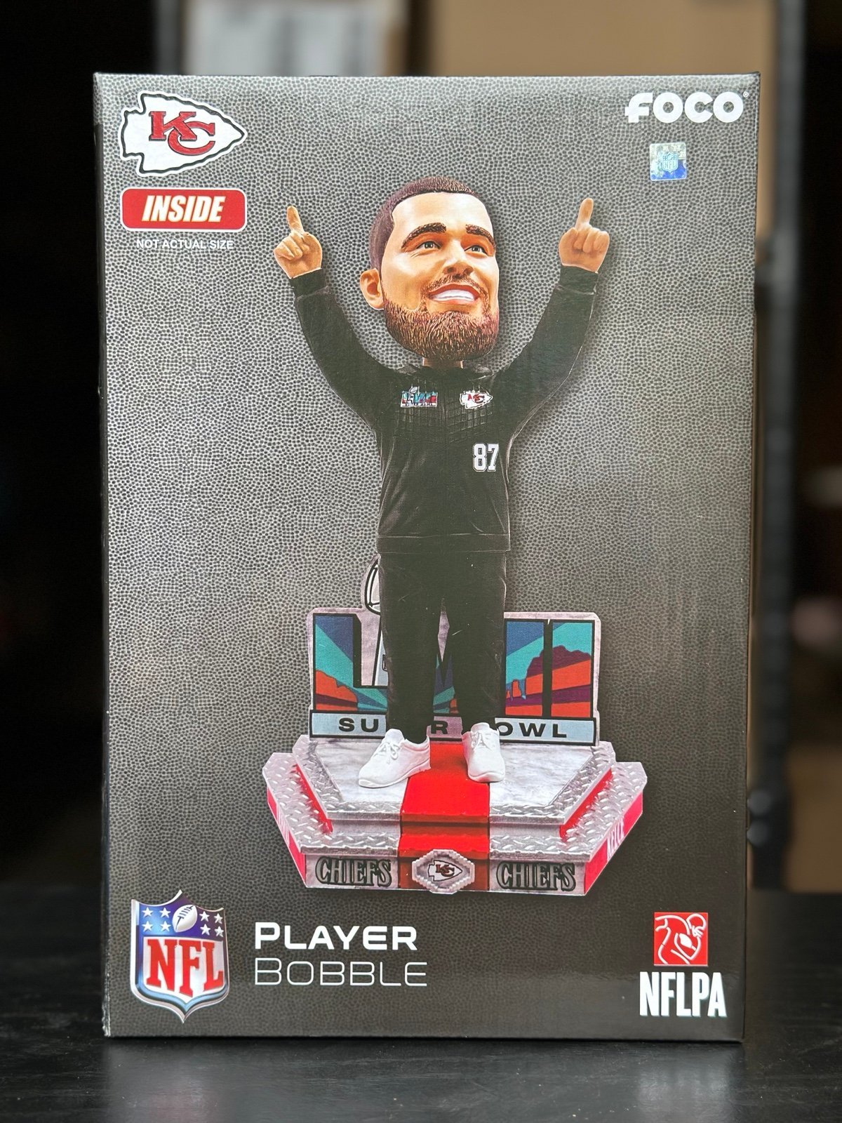 Travis Kelce Kansas City Chiefs Super Bowl LVII Outfit Bobblehead NEW FOCO