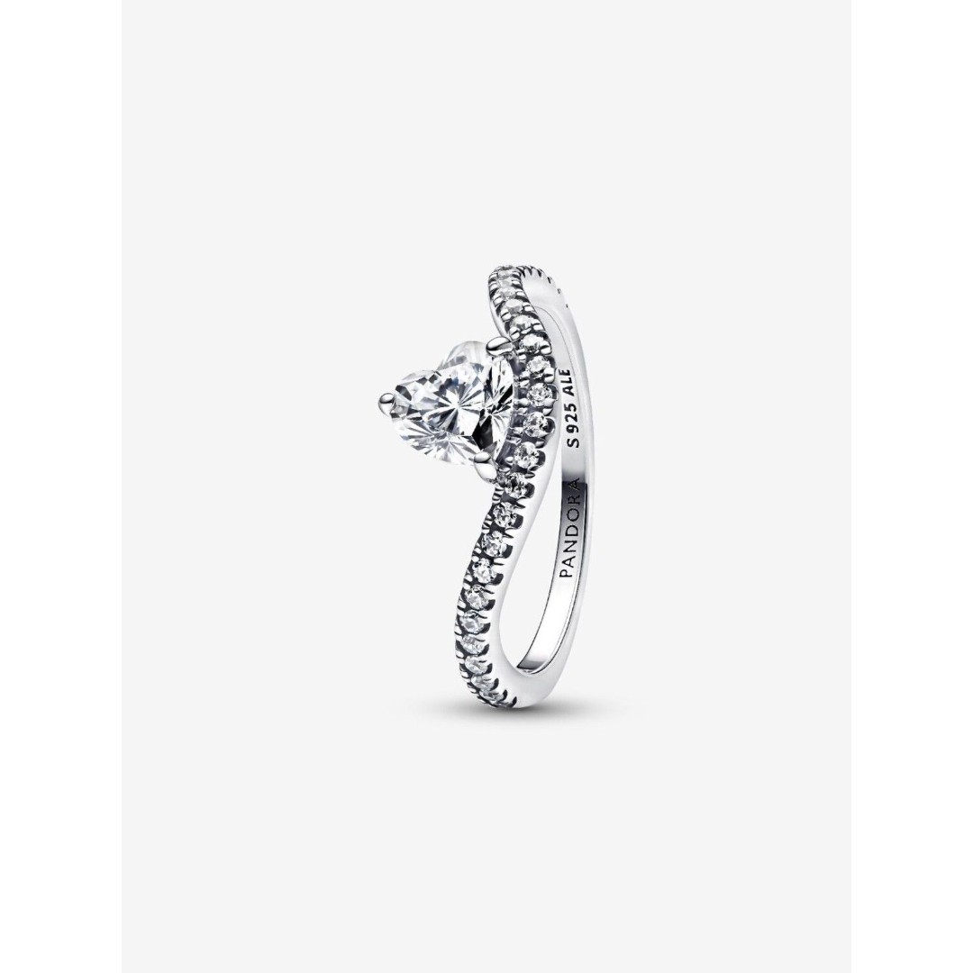 Pandora Wavy Pave Heart Ring Size 7, Prong-Set Heart-Cut Cubic Zirconia S925 ALE