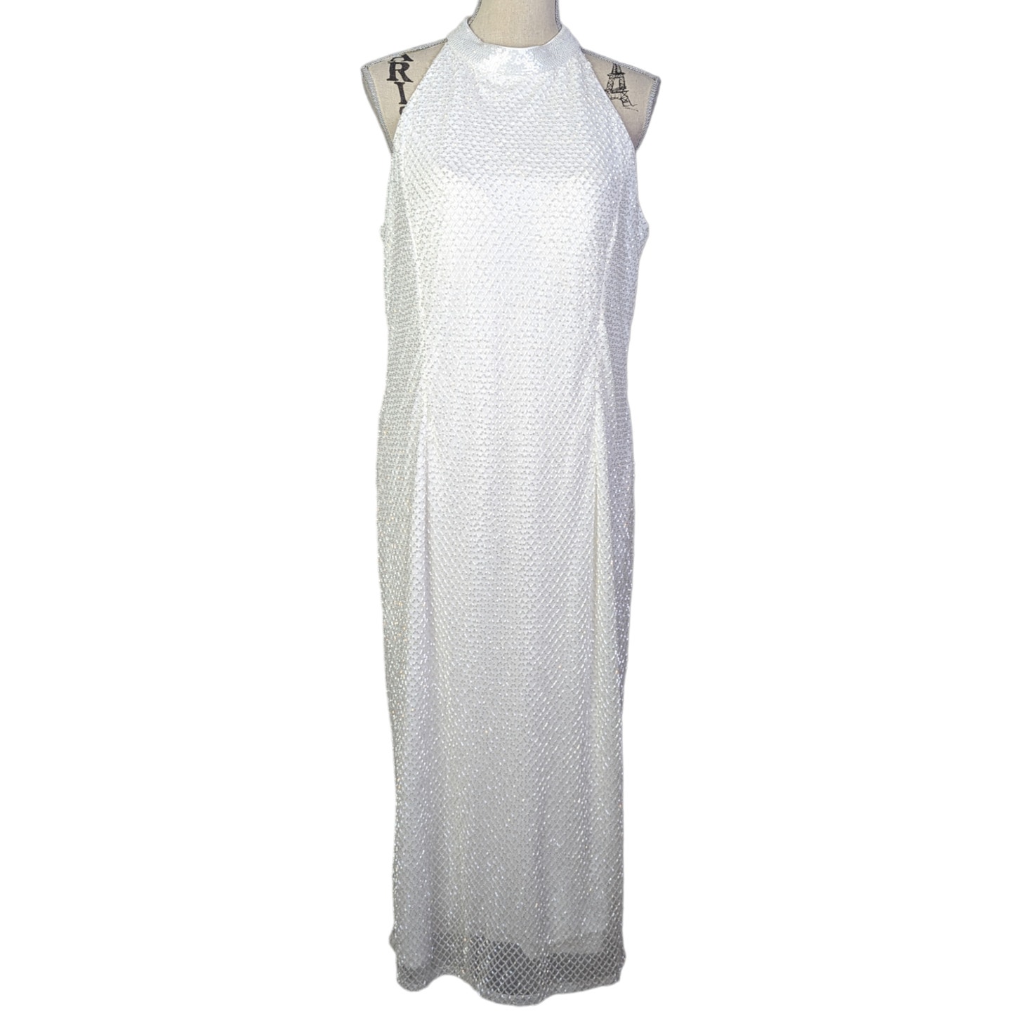 Mac Duggal Lattice Beaded Halter Midi Cocktail Dress White Size 14