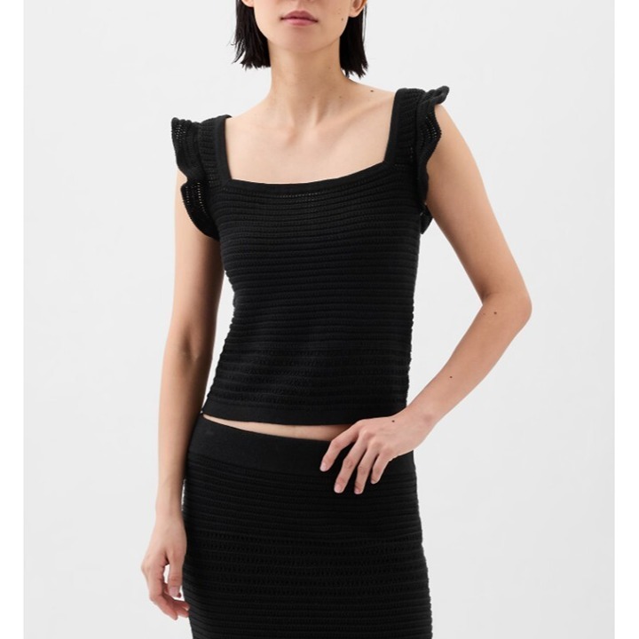 GAP Sleeveless Crochet Sweater Ruffle Tank Top, 100% Cotton, Black, XL