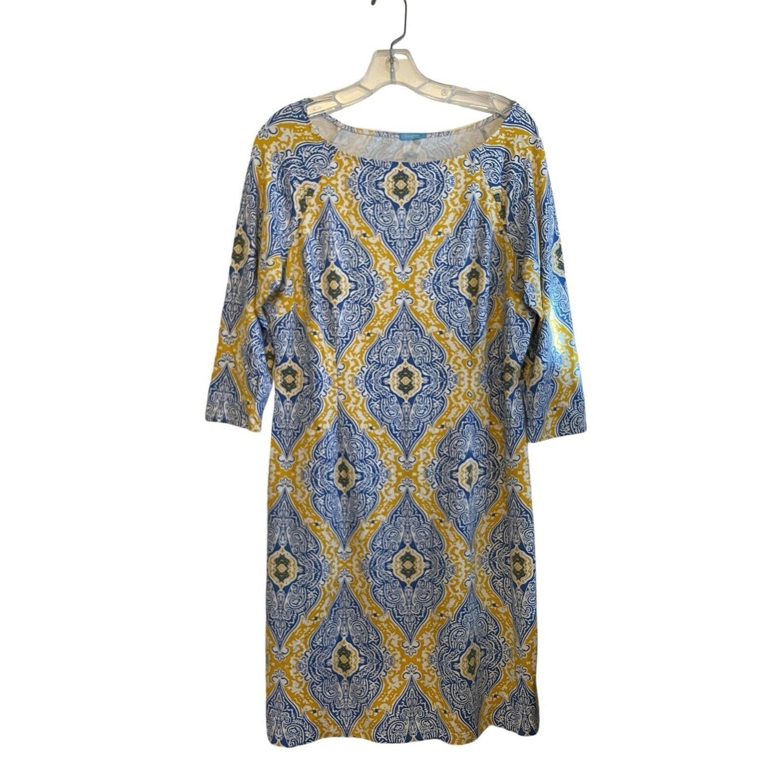 J. McLaughlin Mari Damask Catalina Cloth Sheath Dress Size Large Blue Yellow