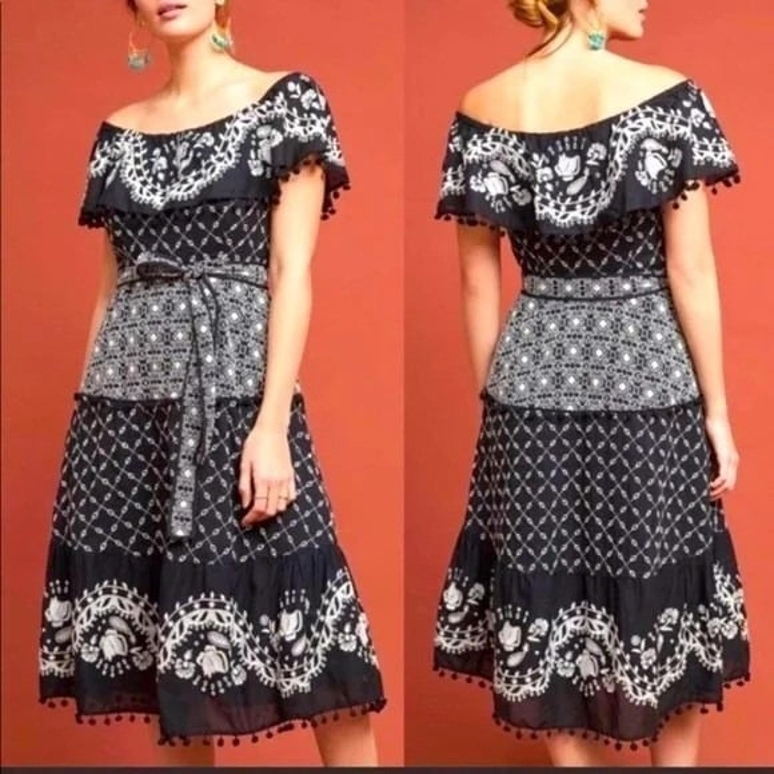 Anthropologie MARISOL Off the Shoulder Embroidered Pom pom Dress size 12