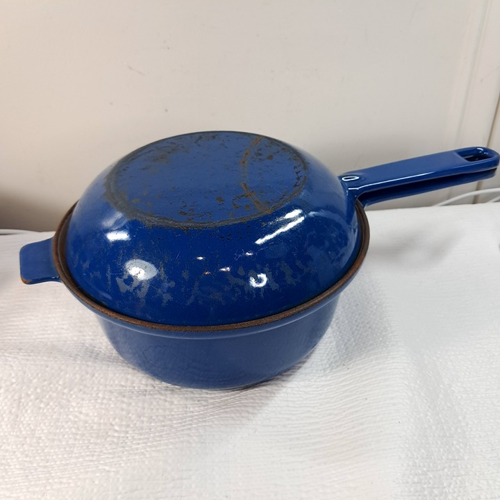 Vintage Cousances Le Creuset #18 Sauce Pan & Saute Lid Enamel Cast Iron Blue Ne