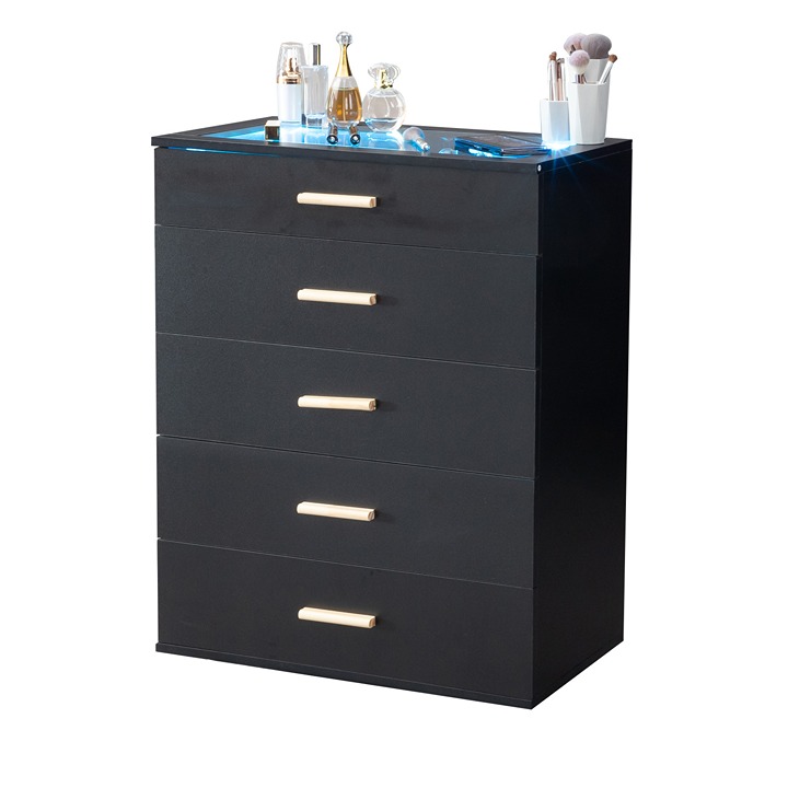 5 Drawer Dressers for Bedroom with Led Lights and Glass Top Chest Of Organizer