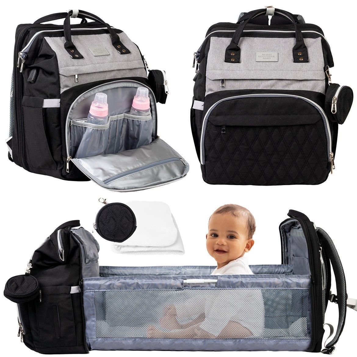 3 In 1 Premium Diaper Bag Backpack with Changing Station/ Bassinet for Baby Boy