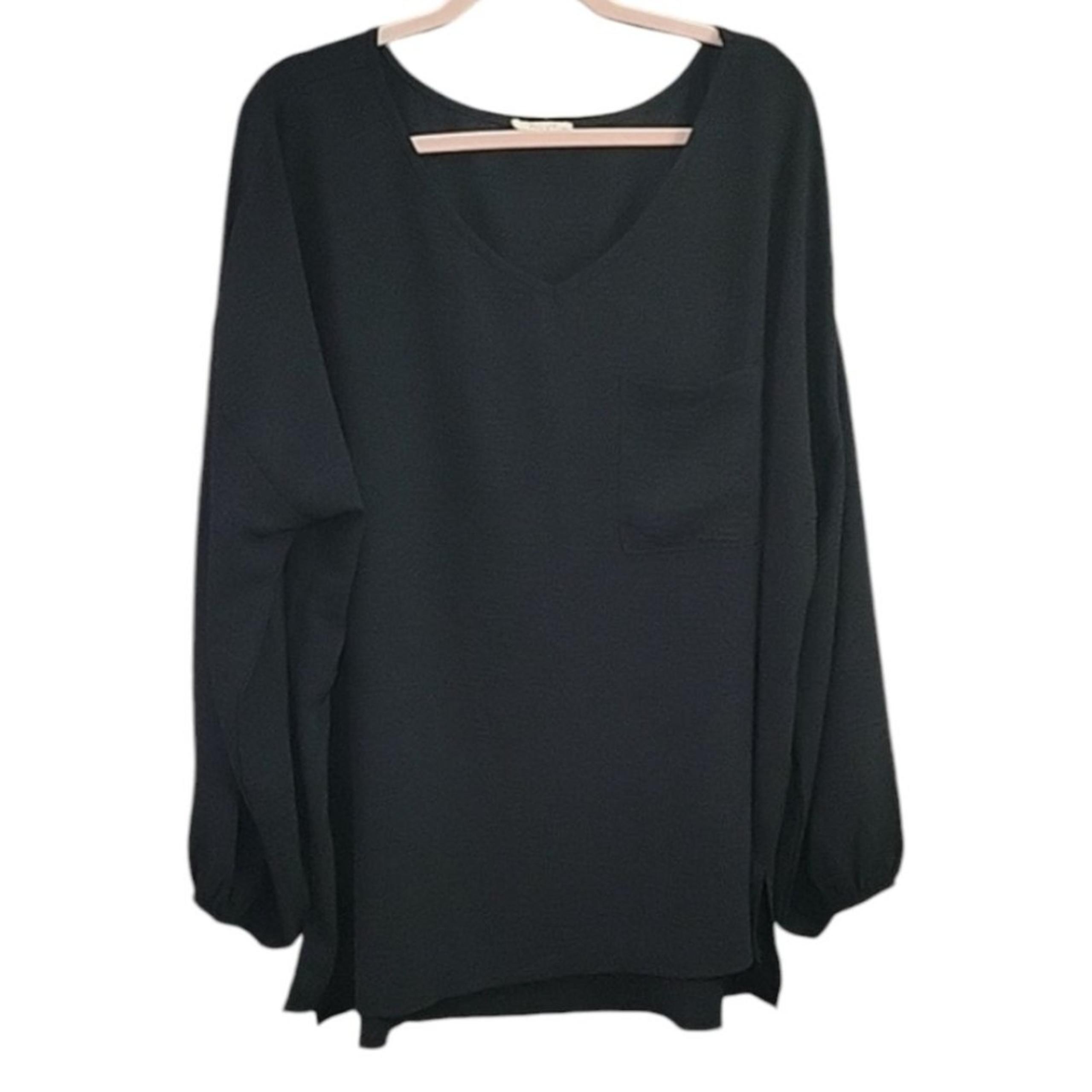 Oddy- Black V Neck Pullover Tunic with Pocket and Side Slits - Size 3X