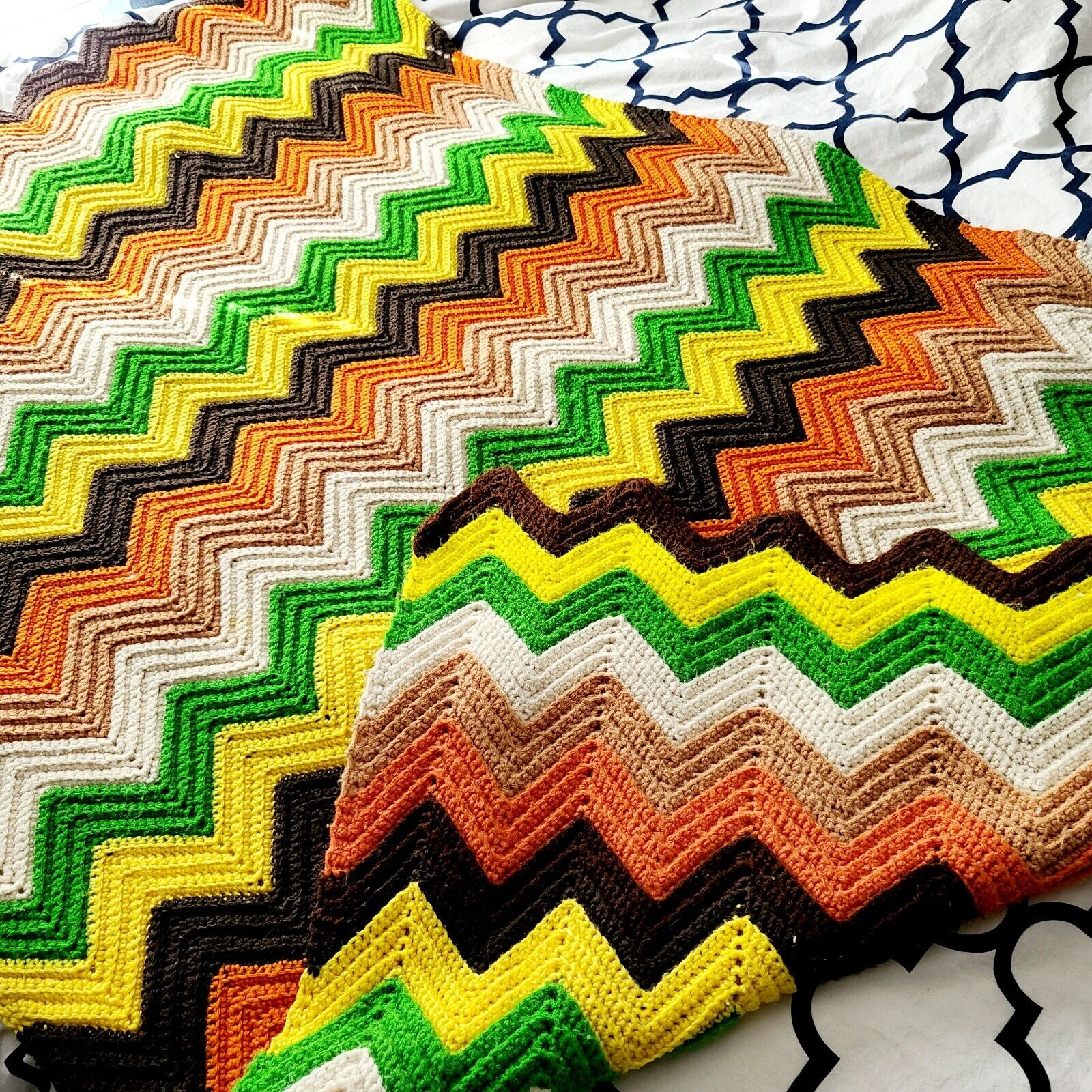 Afghan Orange Yellow KNIT Throw Blanket Vintage Hand Made Ripple Pattern 70 x 46