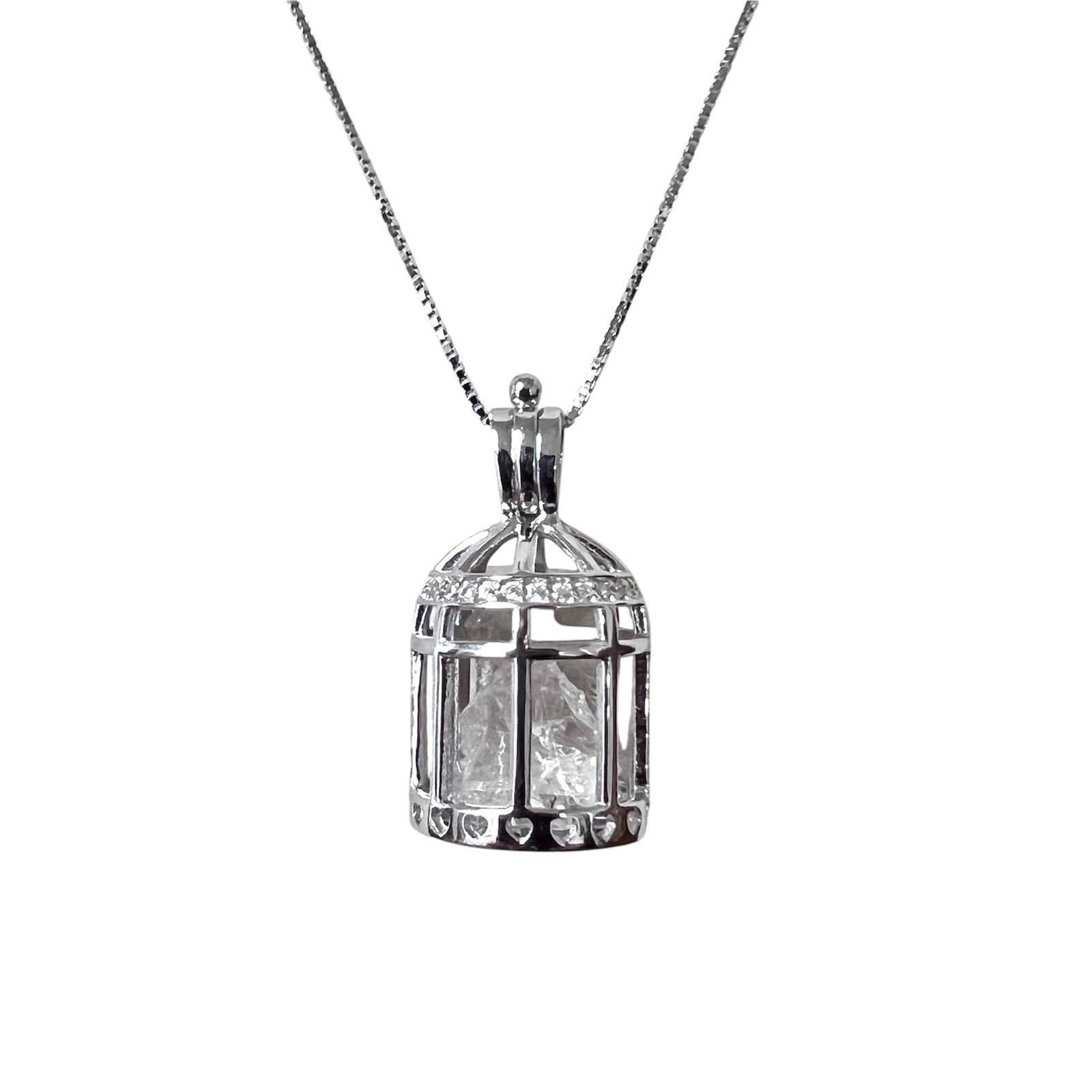 925 Sterling Silver Rhodium CZ Birdcage Herkimer Diamond Quartz Crystal Necklace