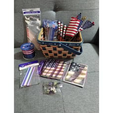 Vtg Americana Woven Basket & Patriotic Party Supplies American Flags