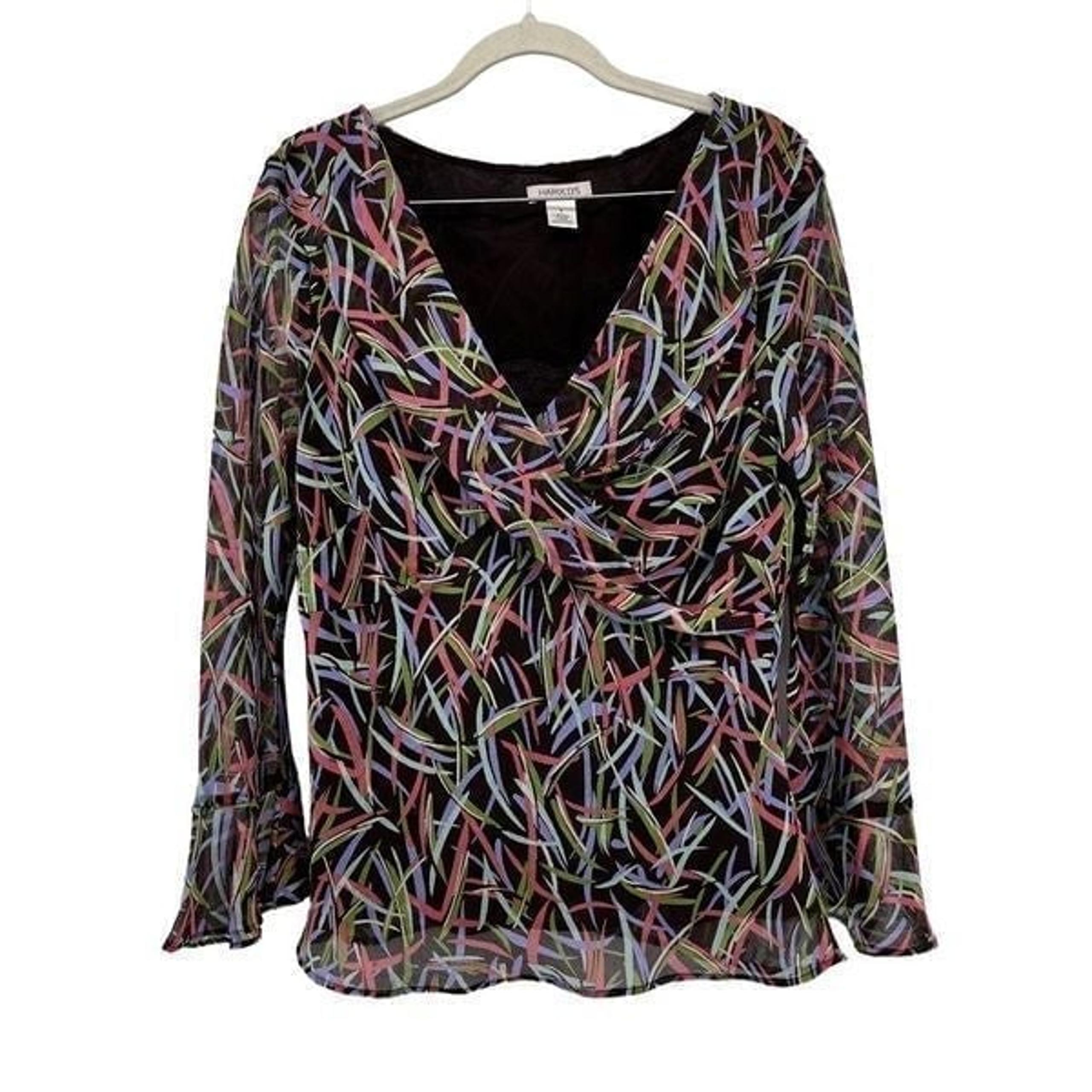 Harold's Silk Blouse Abstract Print Long Sleeve Sheer Top Babydoll Y2K Size 8