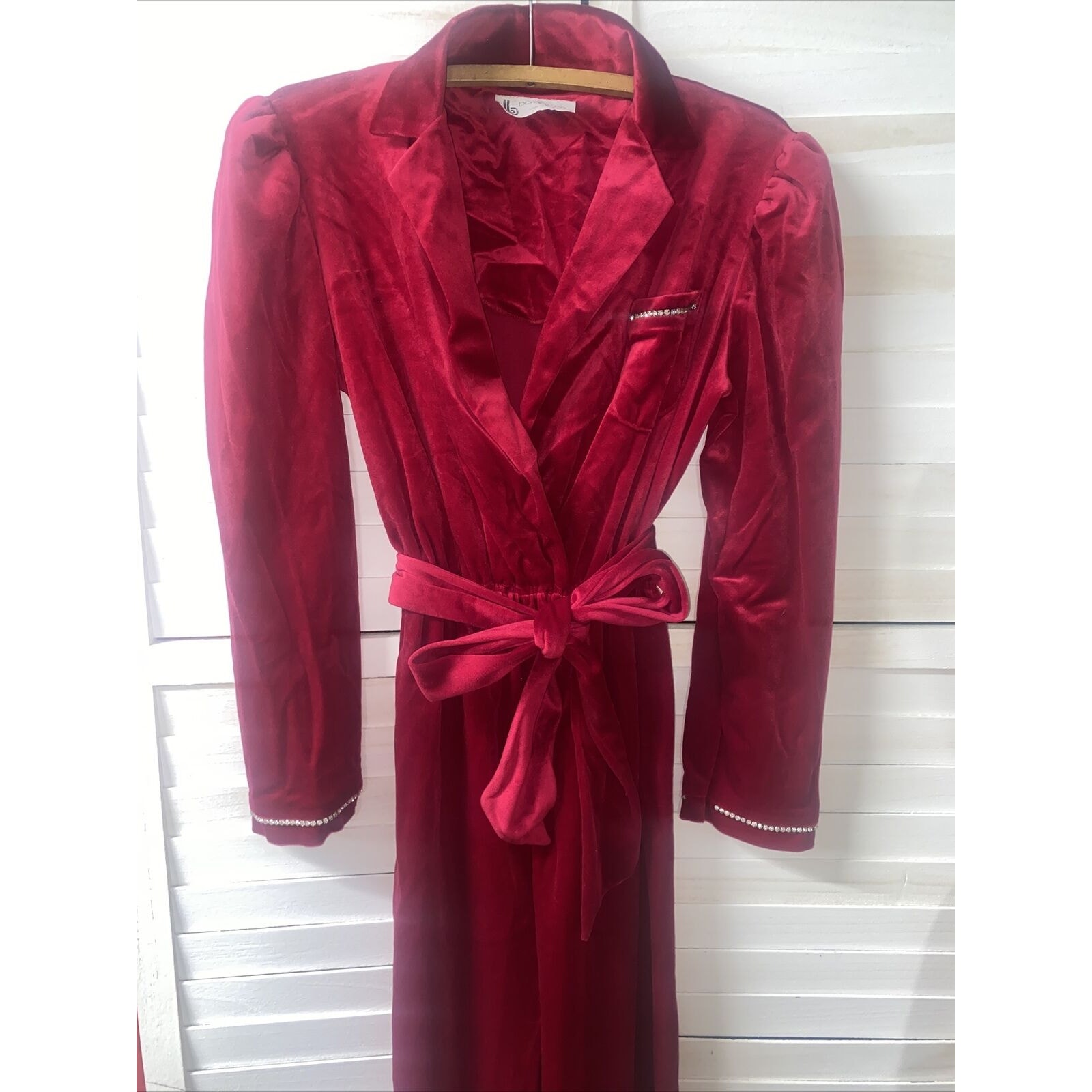 VTG 70s Barda & Co Velour Bright Red Women’s Jumpsuit Belted, Bling Pockets Med
