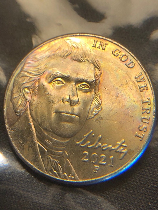 2021 P,Jefferson nickel,Rainbow toning, Full Steps, BU, make offers