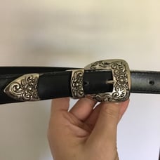 Black Leather Silver Buckle Floral Etchings Belt