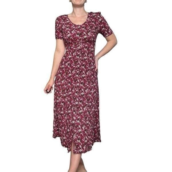 Vintage 90s All That Jazz Red Floral Cottagecore Prairie Tea Midi Dress Size 6