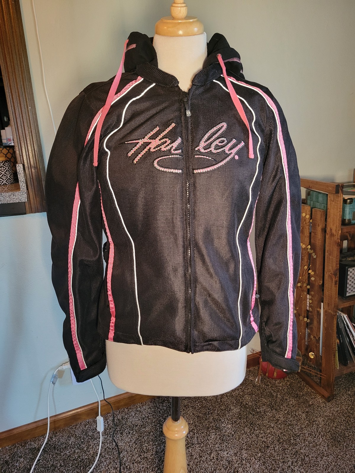 Harley Davidson Biker Motorcycle Jacket Womens Black Mesh Pink Rhinestone Bling
