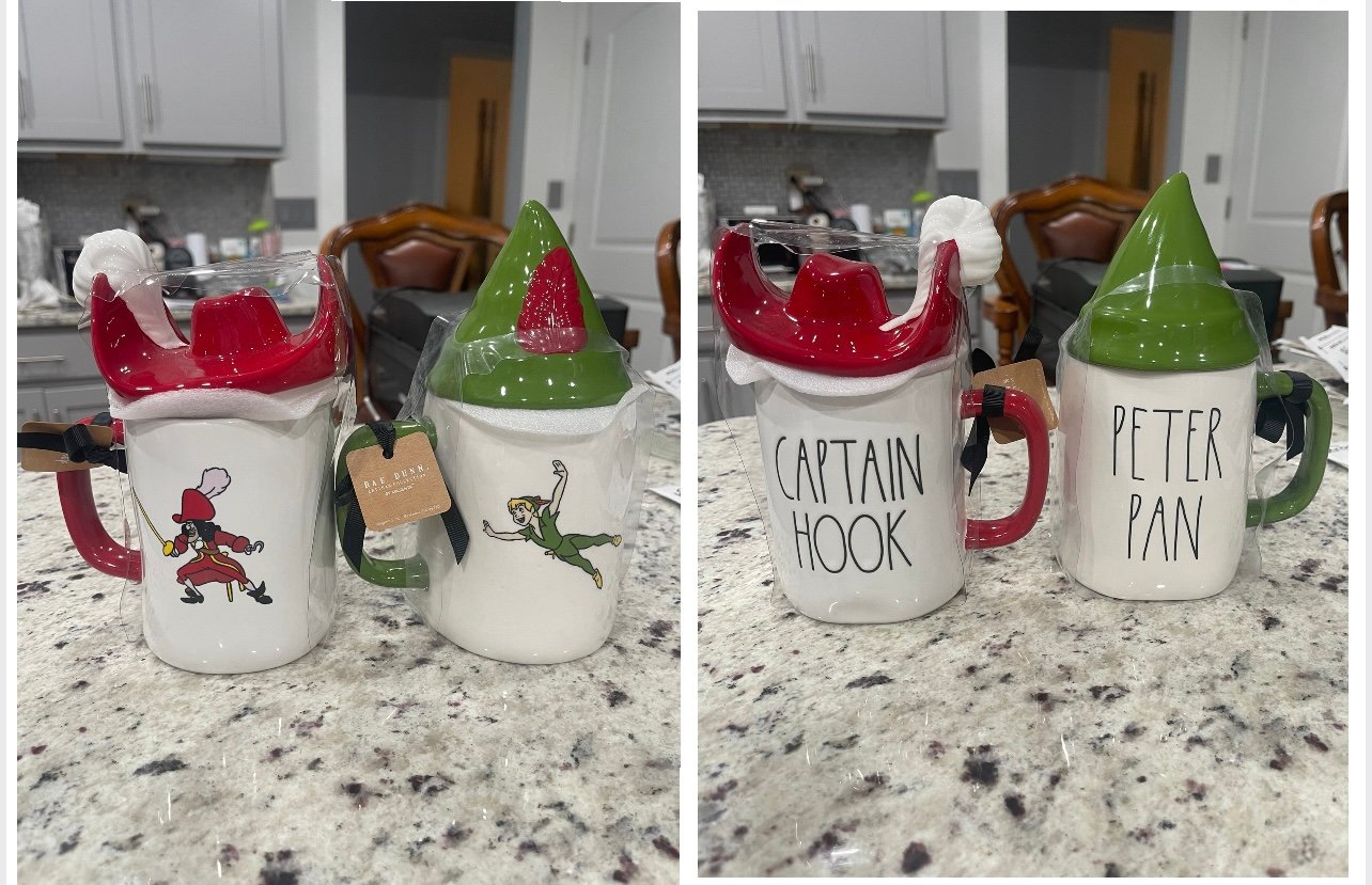 Rae Dunn CAPTAIN HOOK and PETER PAN Mugs with lids. NWT
