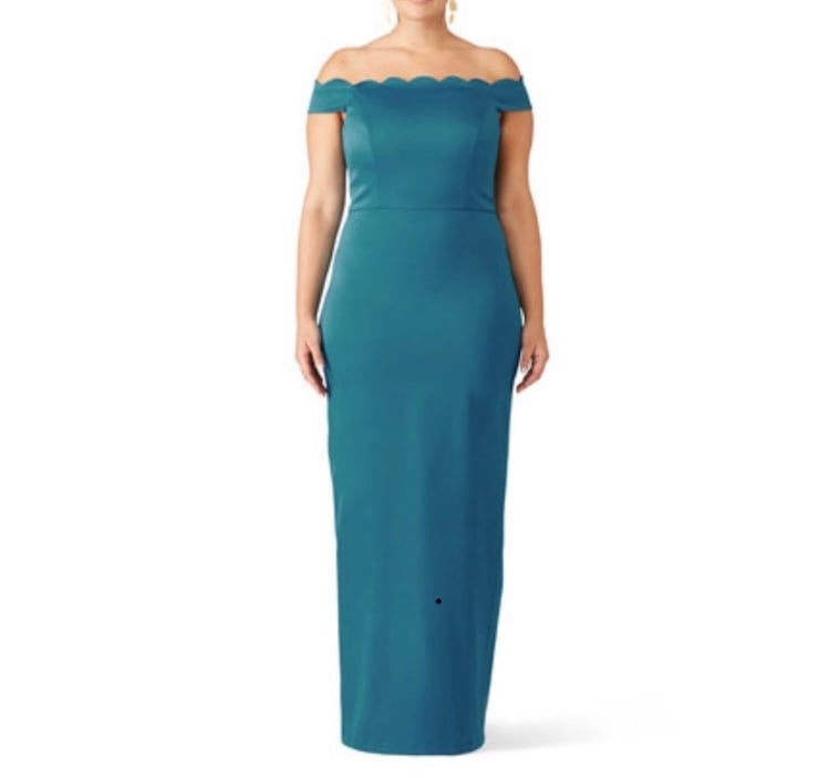 Badgley Mischka Scalloped Off The Shoulder Evening Gown in Teal/Peacock, Size 22