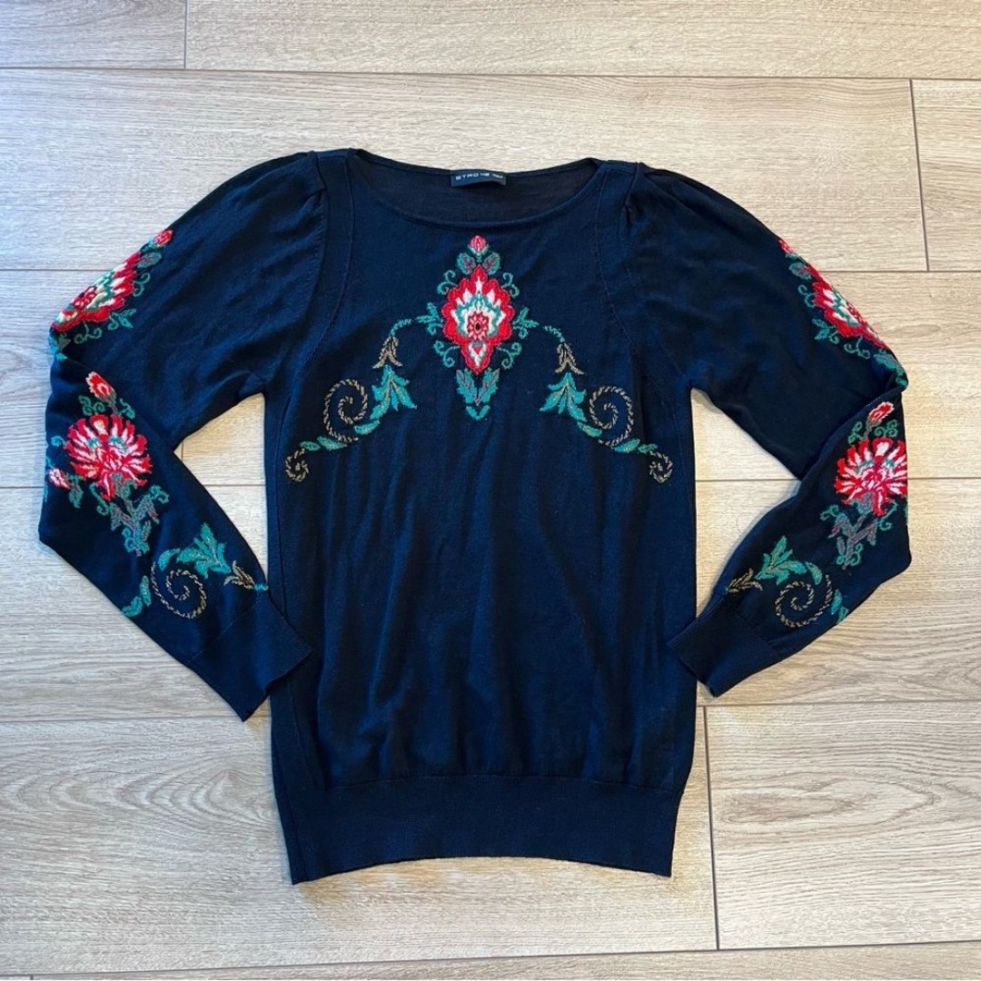 Etro Wool Silk Puff Sleeve Bateau Neck Printed Women’s Sweater Size 42/M