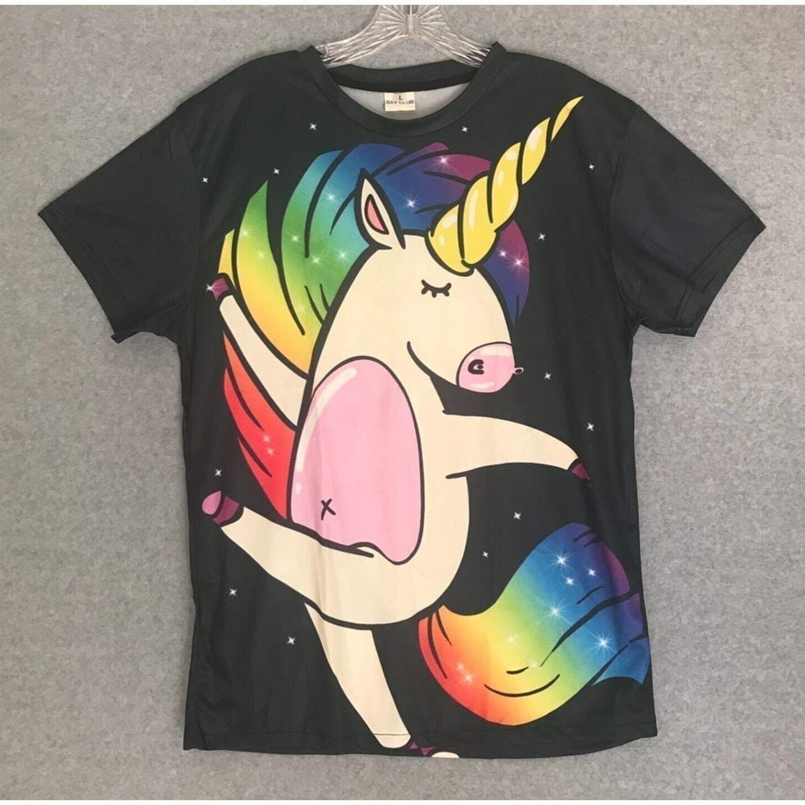New! Dancing Unicorn Shirt Youth Girls Large Black Multicolor All Over Print Tee
