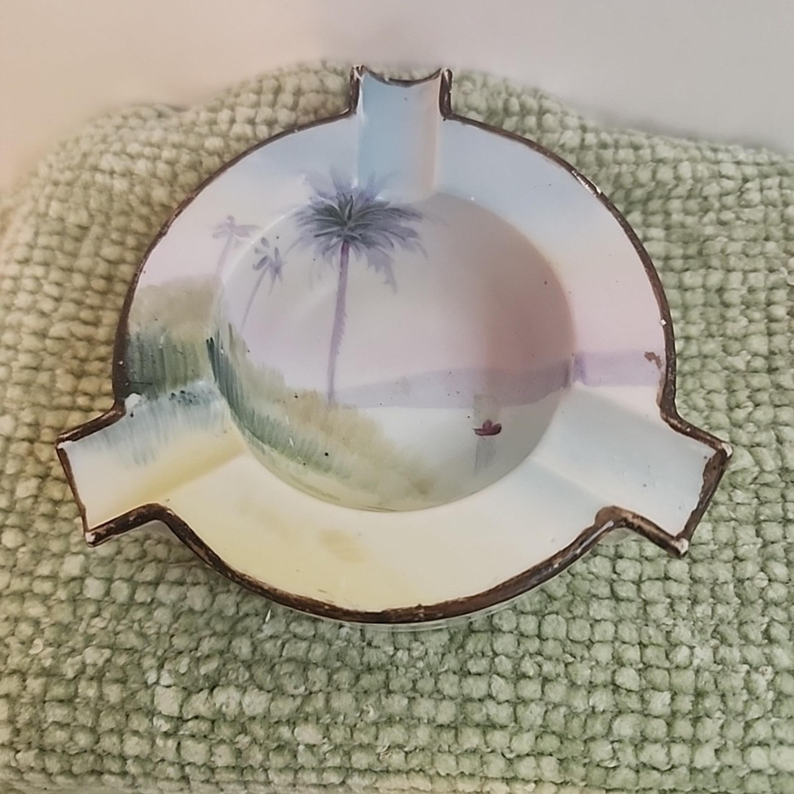 Antique Nippon Hand Painted Ashtray Palm Trees Sunset Scene Porcelain Japan