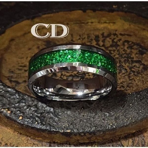 Men's Real Silver Tungsten Wedding Ring With Green Galaxy Opal Inlay Size 10