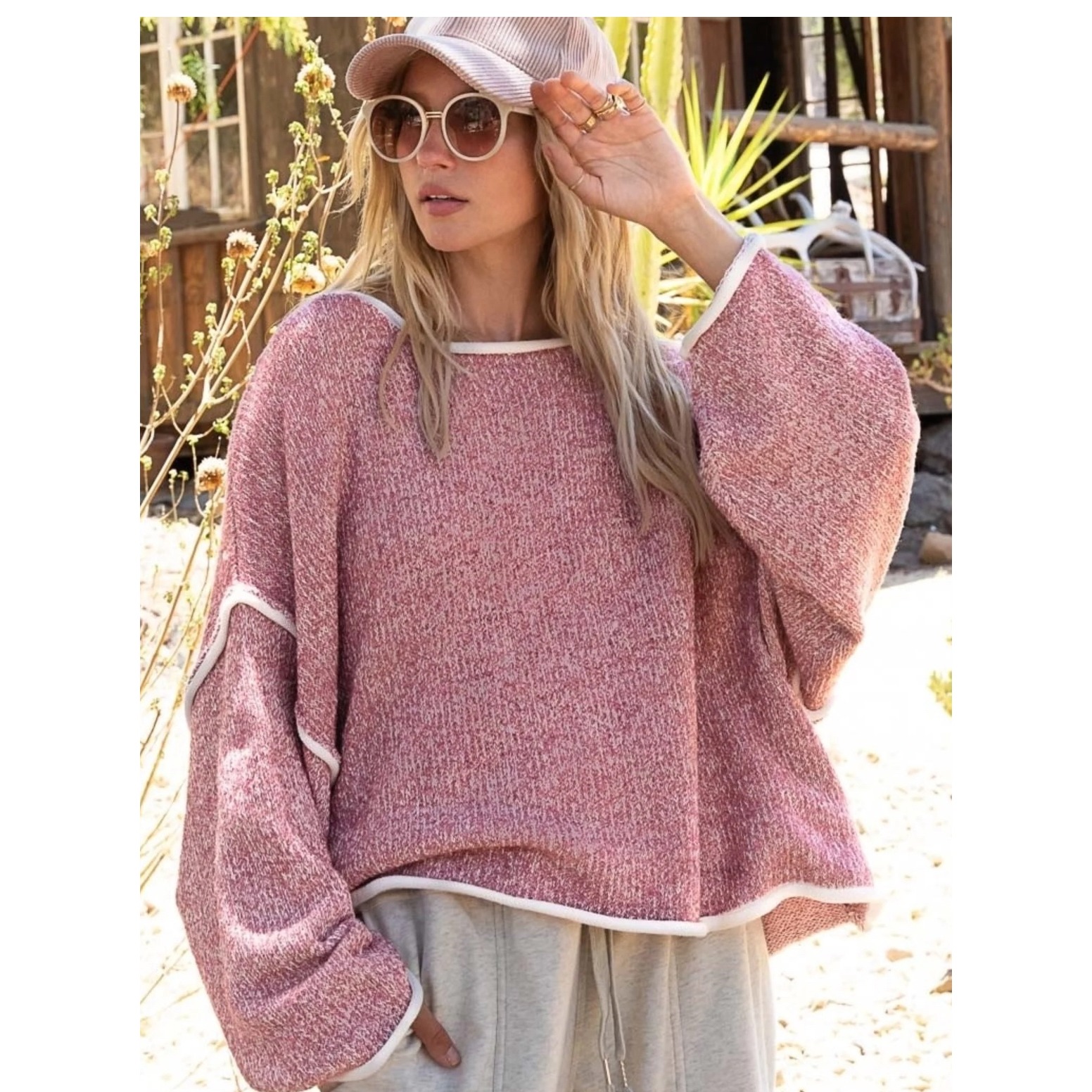 POL Pullover Sweater Oversized Knit Raw Hem Pink White Trim Size L
