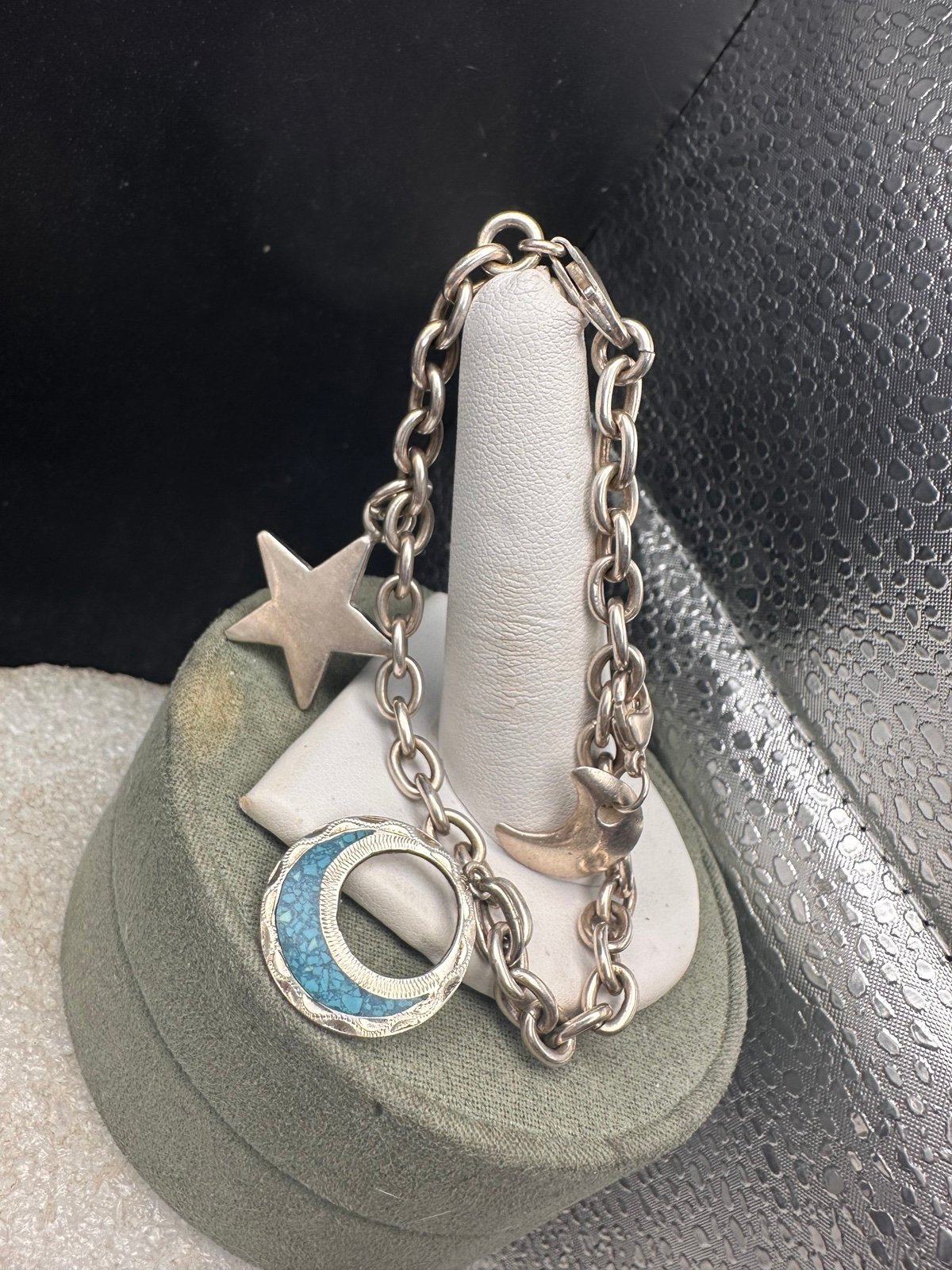 Vintage Sterling Moon Star theme turquoise Charm Taxco Unique Thick Bracelet