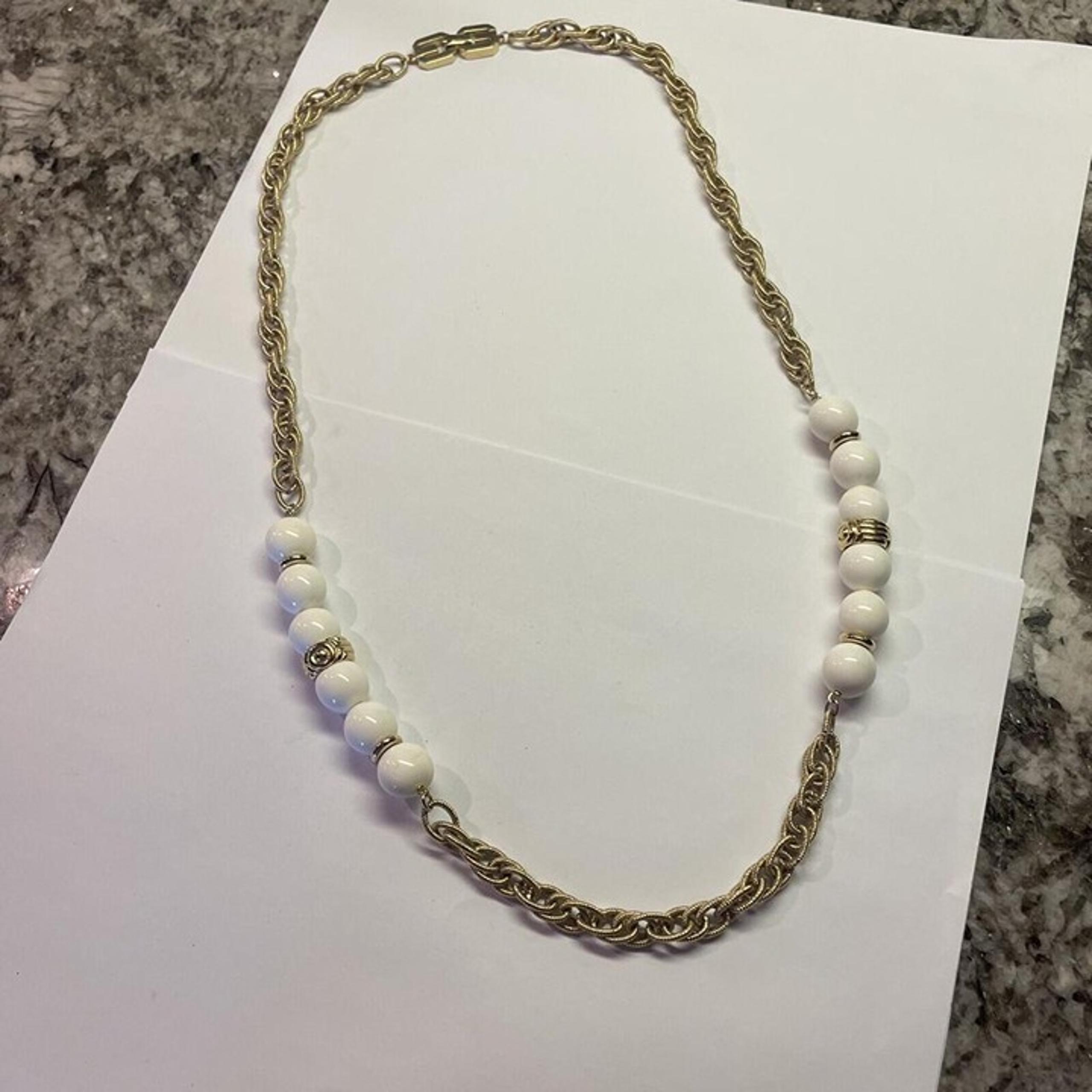Vintage 1977 Signed Givenchy Gold Tone Chain & White Beads Necklace Long