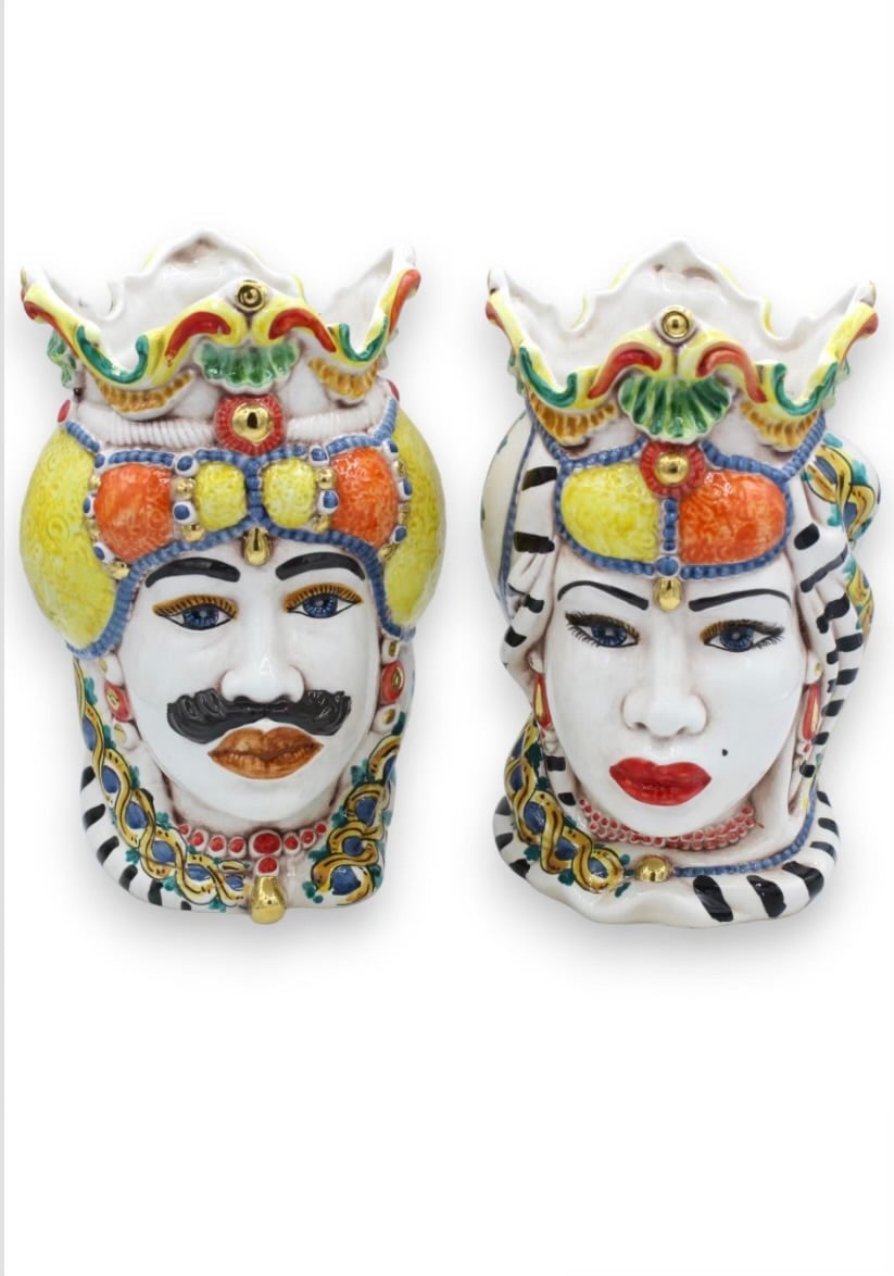 Pair of Caltagirone ceramic heads, apx h 25 cm. with crown 24k pure gold detail
