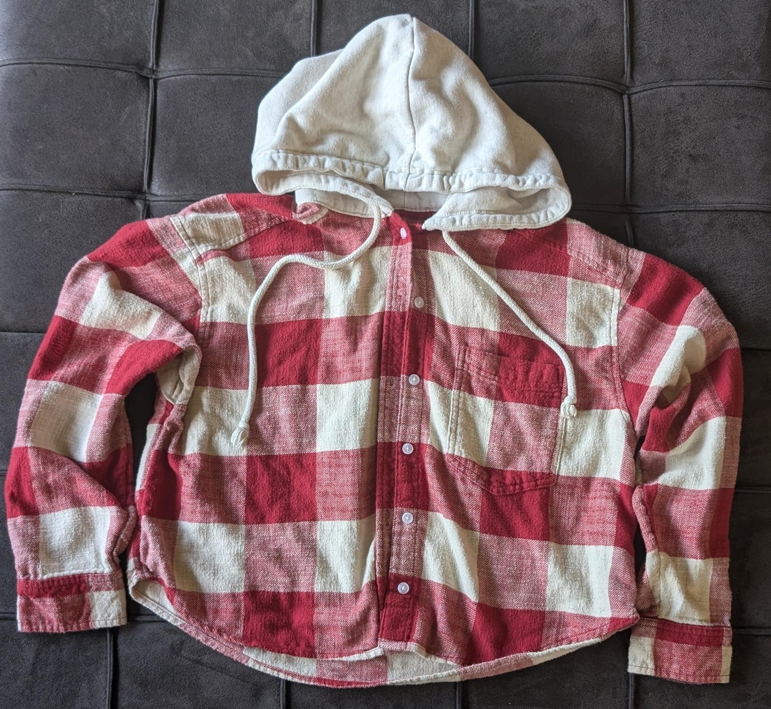Women's Medium American Eagle Plaid Red & White Button Up Hooded Sweater