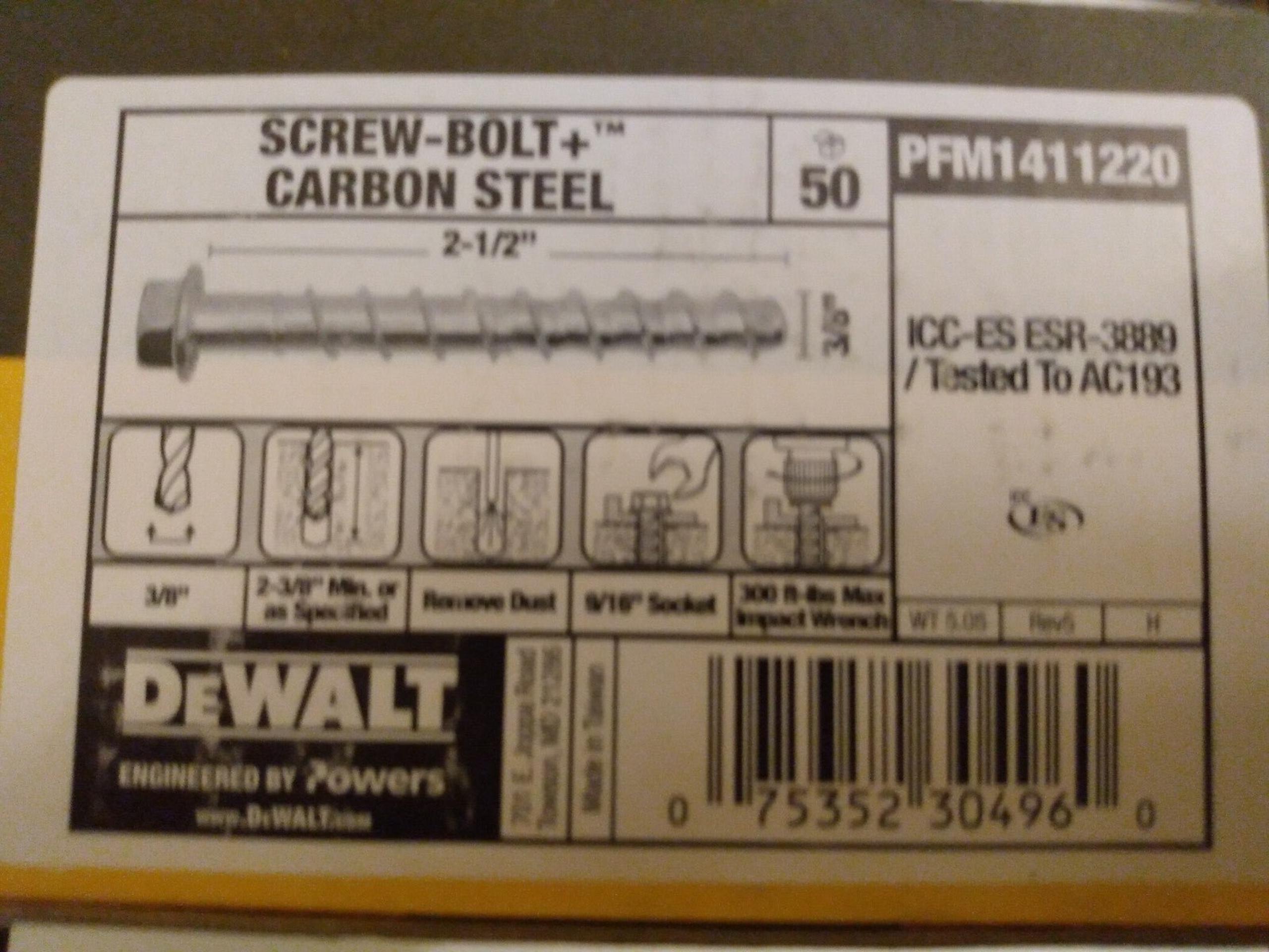DeWalt PFM1411220 Screw-Bolt+ Carbon Steel, 3/8" x 2-1/2", 50-Pk Dewalt New NIB