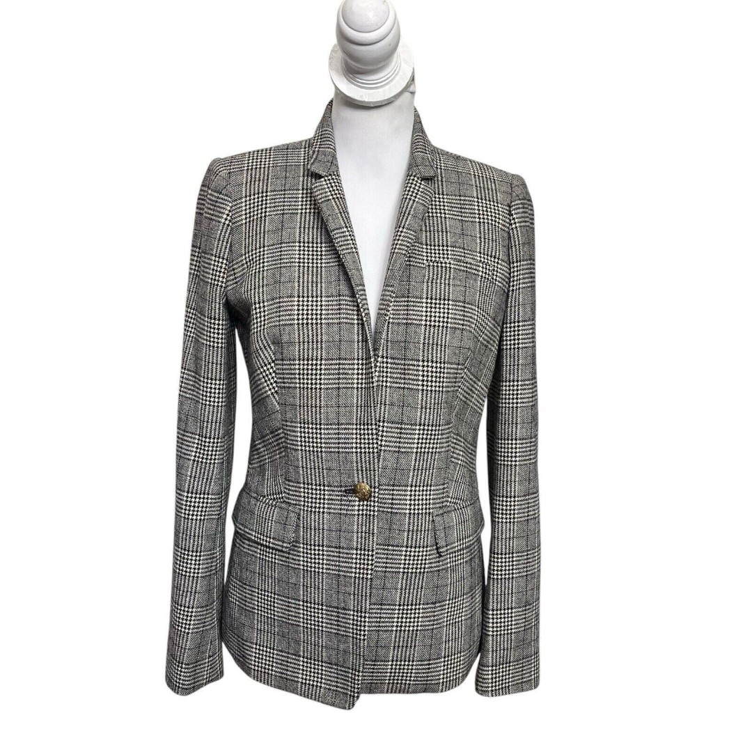 J Crew Regent Blazer in Glen Plaid Gray B0688 Wool Blend Women’s Size 4