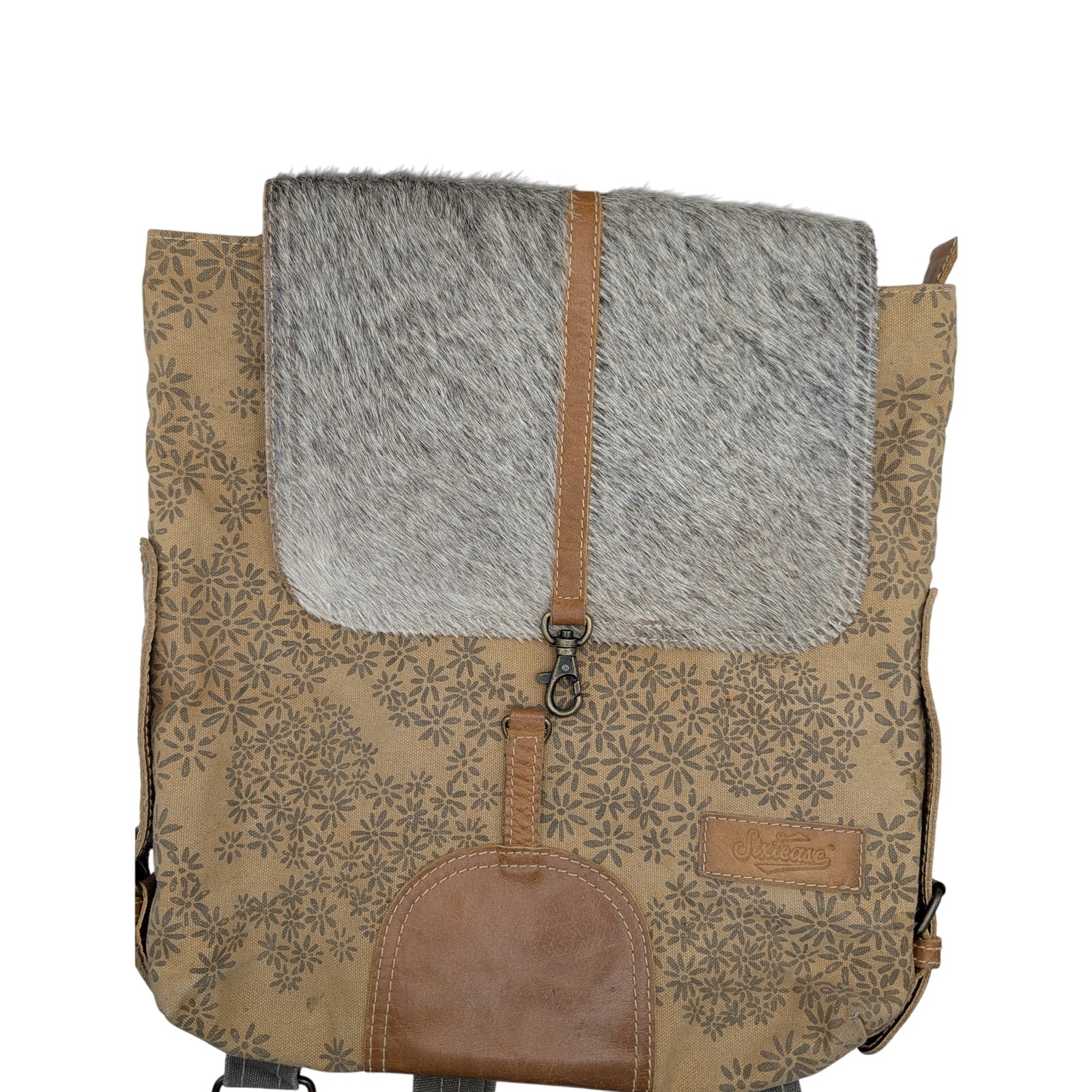 Vintage Sixtease Canvas Leather Cowhide Floral Backpack