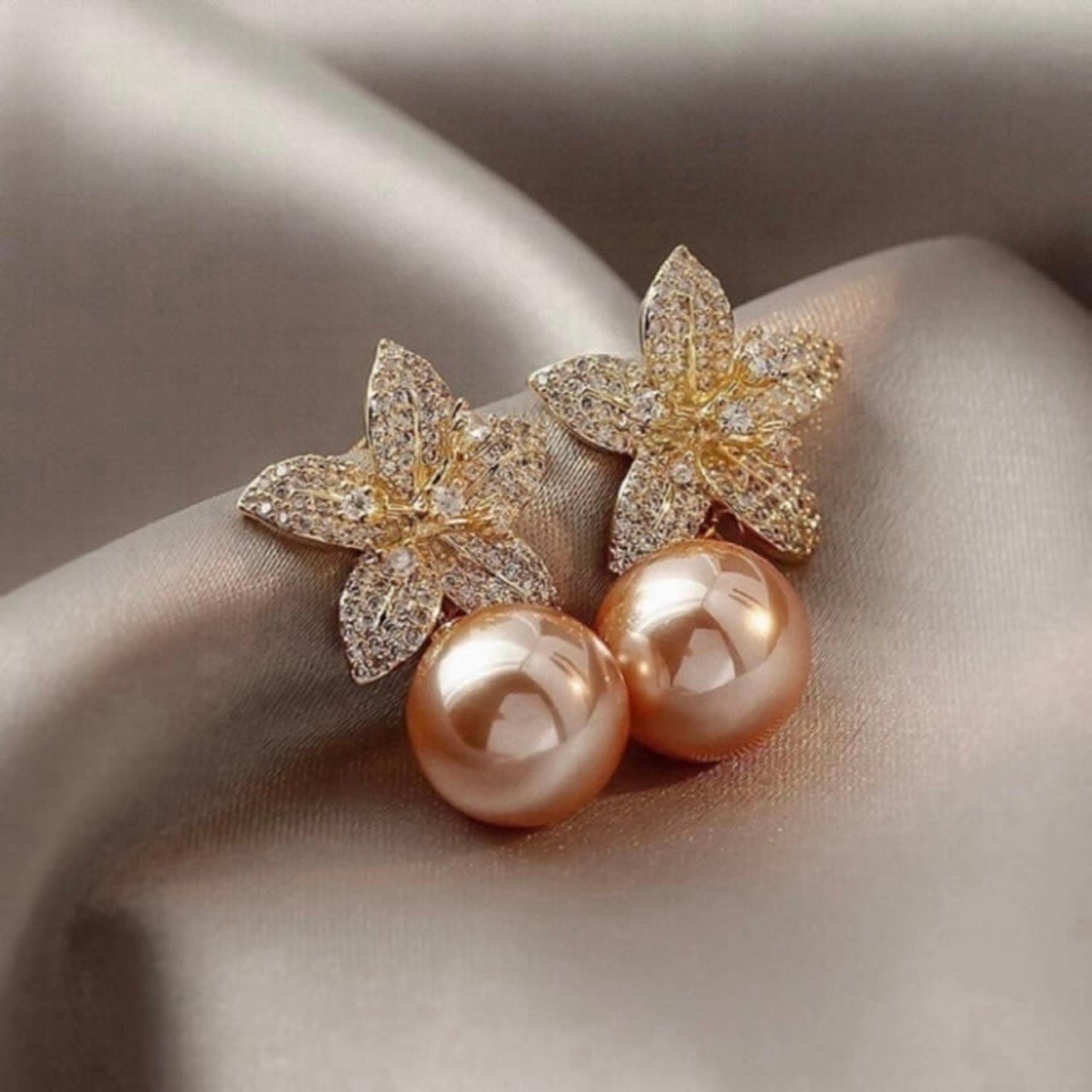Crystal Flower Pearl Dangle Drop Earrings for Women