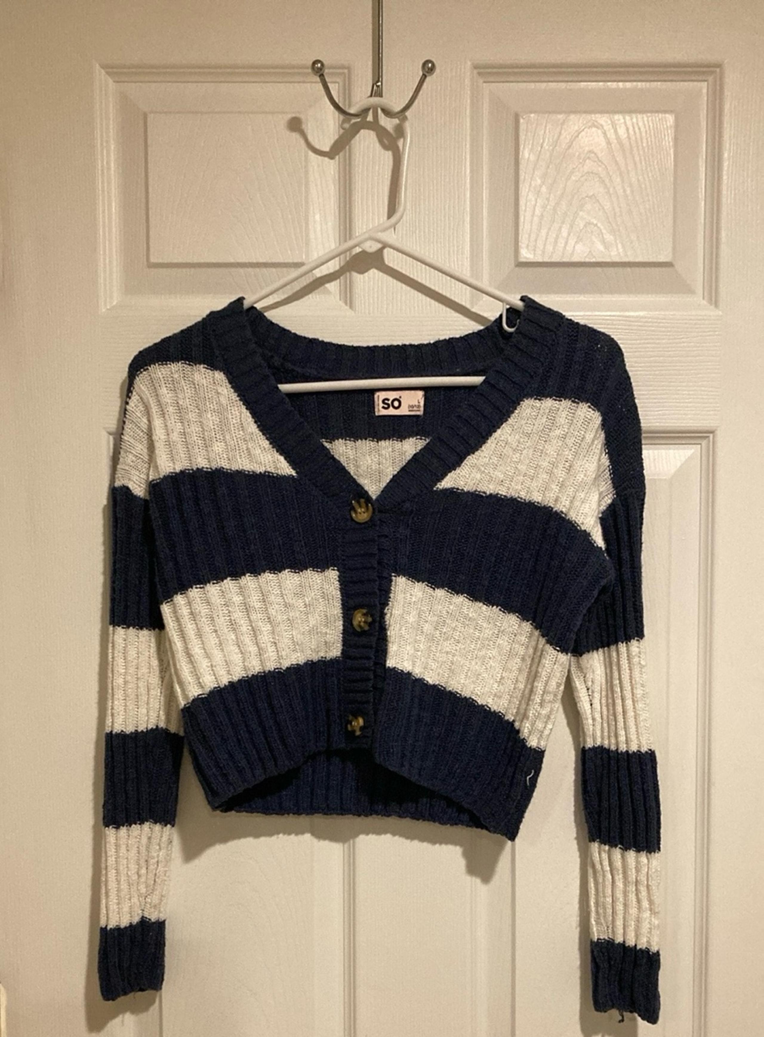 SO Girl’s Sweater Cardigan Navy White Striped Sz. M