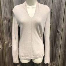 Kinross Cashmere Medium Sweater Cream Top V Neck Pullover Tan Ribbed Long Sleeve