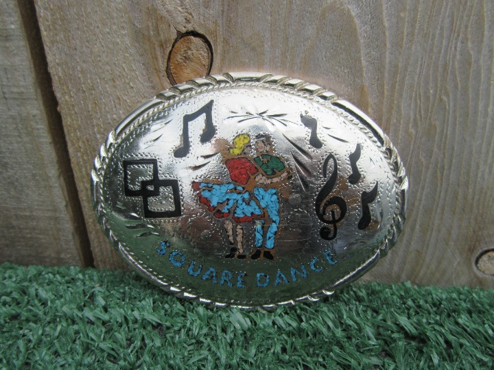Vintage S.S.I. Square Dance Music Note Inlay Silver Belt Buckle