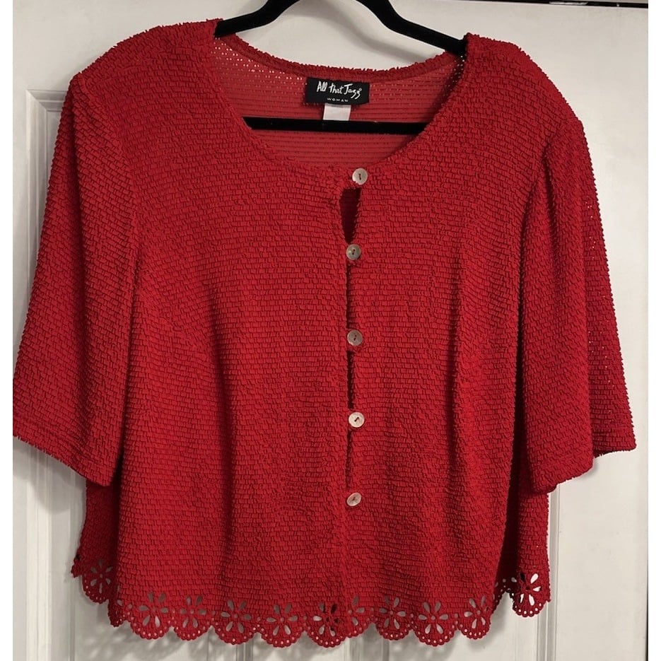 VTG 90s All That Jazz Sheer Cropped Top Button Mesh Bolero Red Sz 18