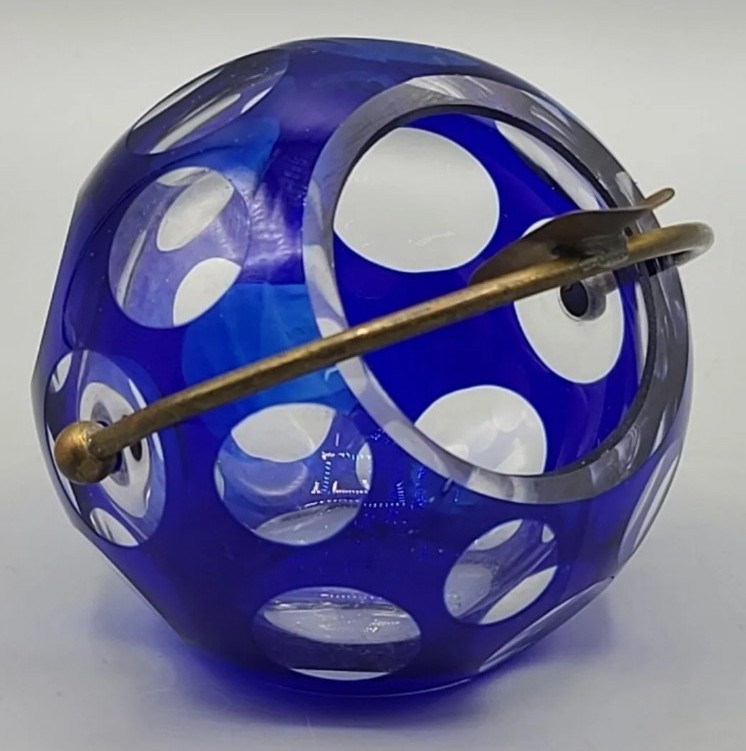 Vintage MCM 1950's Blue & Brass Crystal Glass Orb Style Ball Ashtray, German