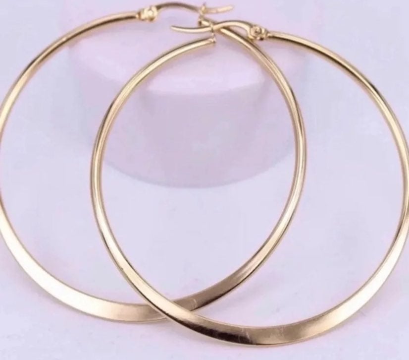 14K Yellow Gold XL Flat Style Hoop Earrings, 70mm