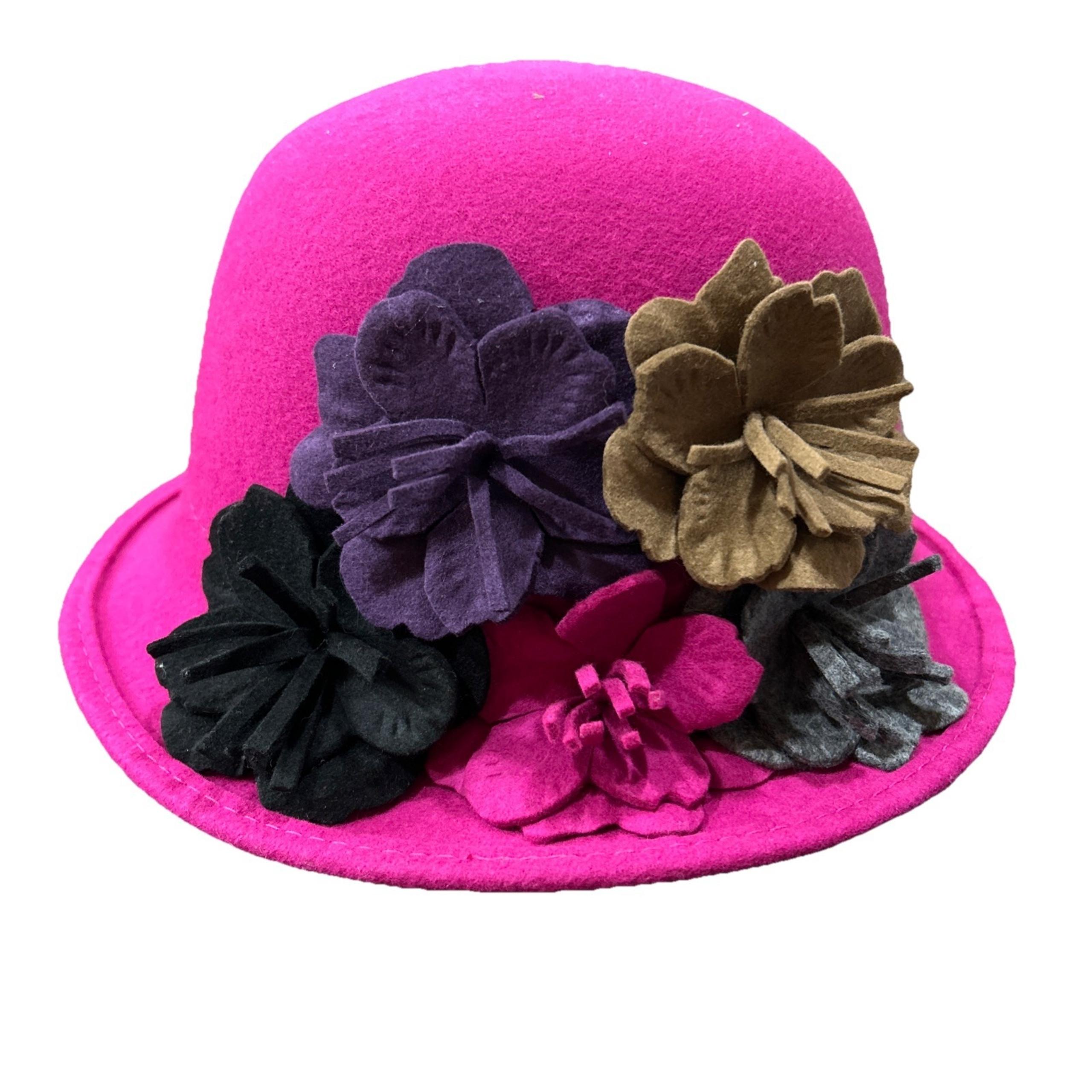 Pink 100% Wool Felt Women's Dress Hat Flowers Adjustable Derby Church Fancy