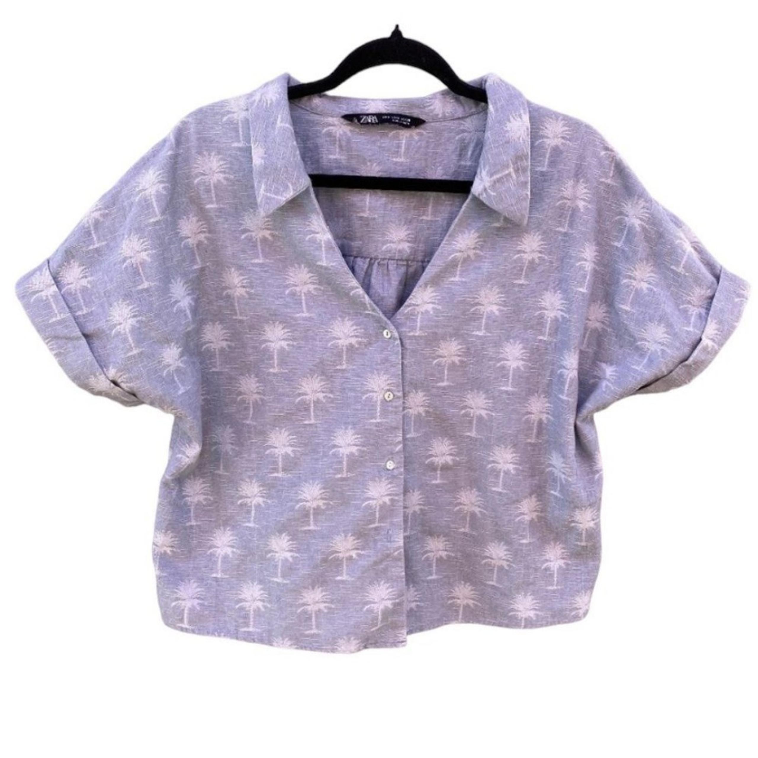 Zara Blue Cropped Rustic Top Palm Tree Print Rolled Sleeve Button Collared Sz M