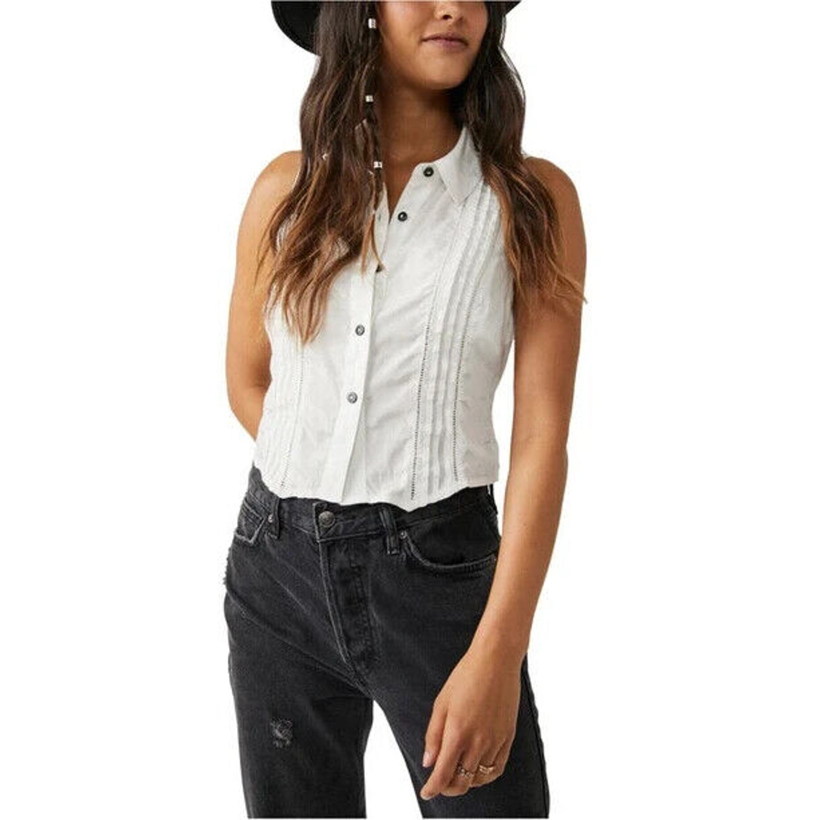 Free People NWOT White Drive Back Pintuck Sleeveless Blouse Size M