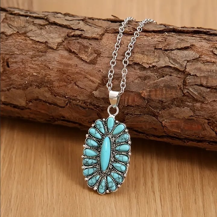 14K White Gold Womens Round Turquoise Pendant Necklace Ladies Silver Jewelry NEW