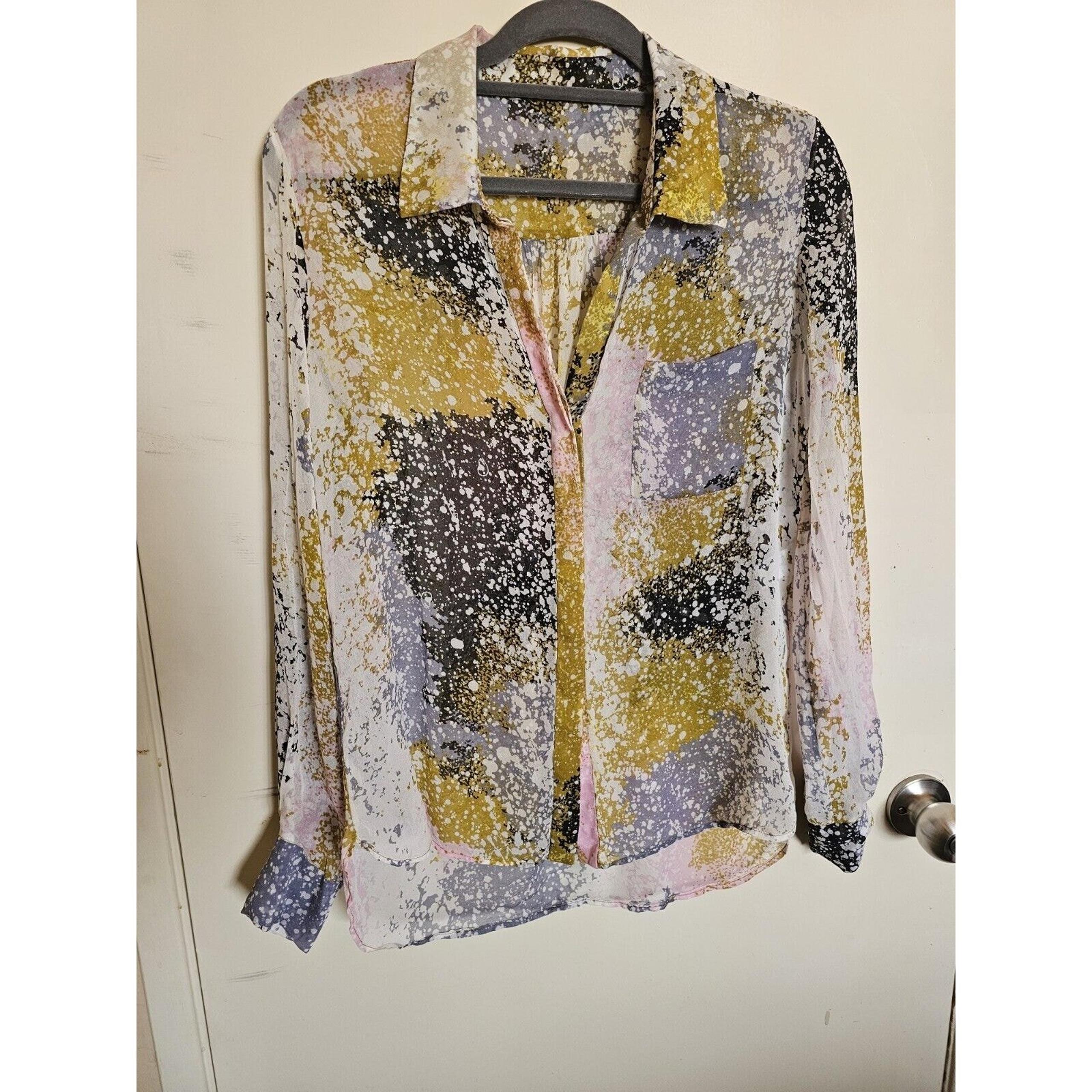 Diane von Furstenberg Splatter Paint Top 100% Silk Print Semi Sheer Buttons