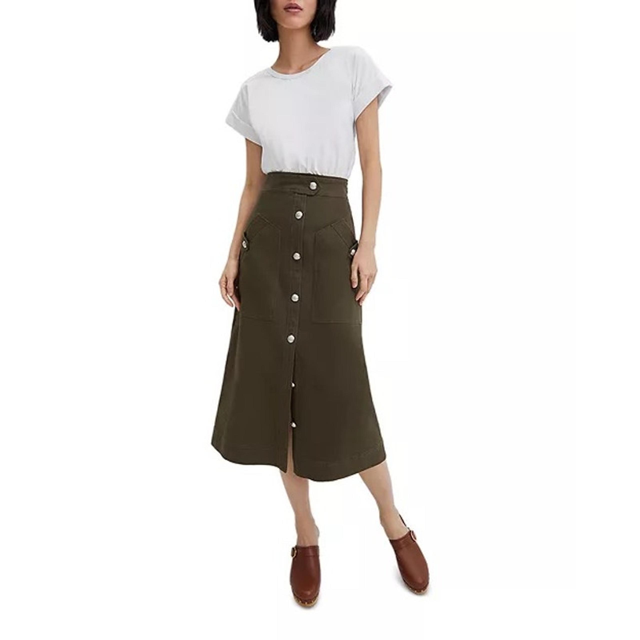 Veronica Beard NWT Larsen Dress L White Army Green Stretch Mid Calf Shirtdress