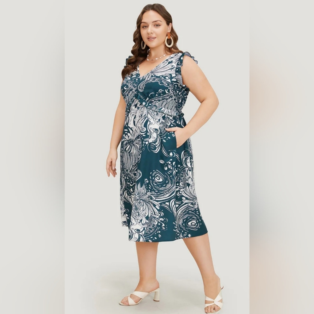 NWT BloomChic Floral Print Sleeveless V-Neck Frill Trim Midi Dress Size 6X=30
