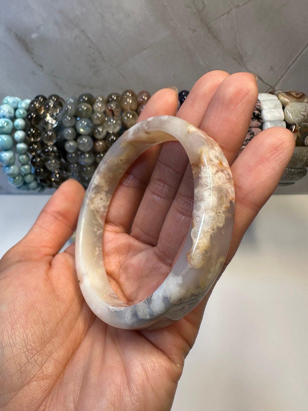Pink Flower Agate Bangle Size 61 mm