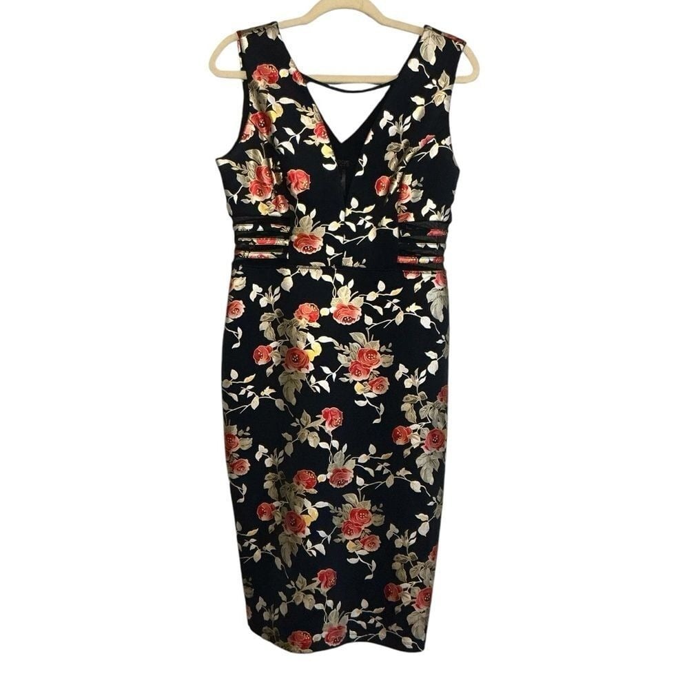 Black with silver &red flower print Dress Size 8
